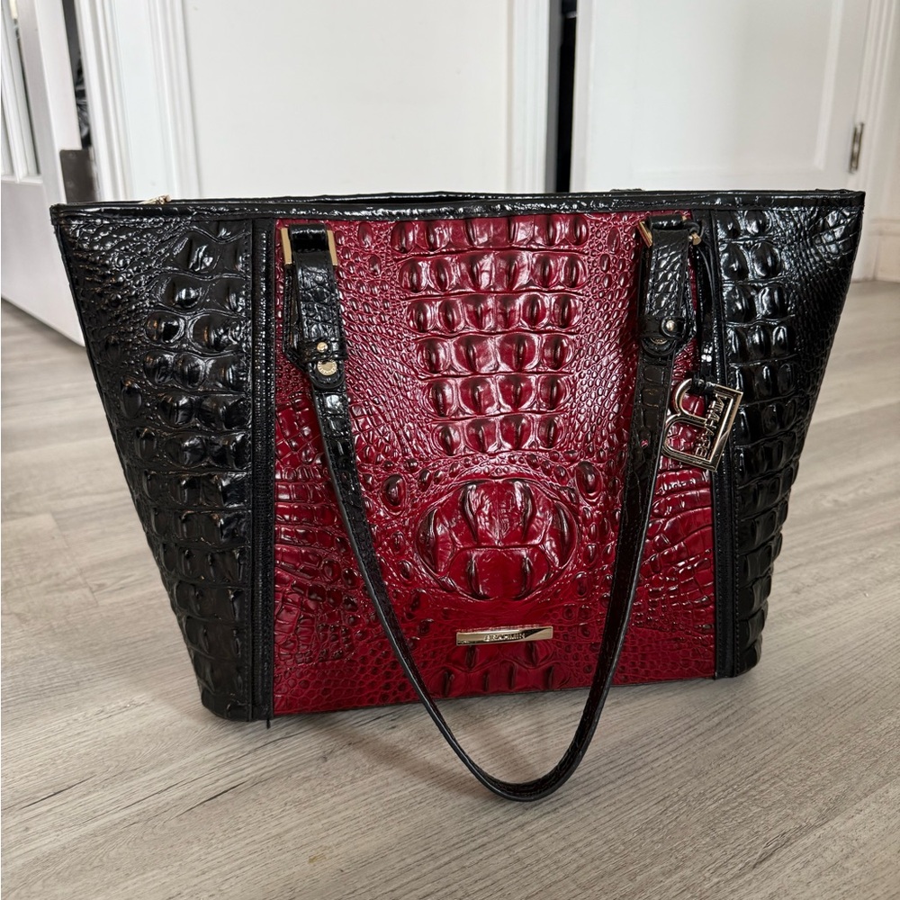 Brahmin Croc-Embossed Red and Black Tote Bag